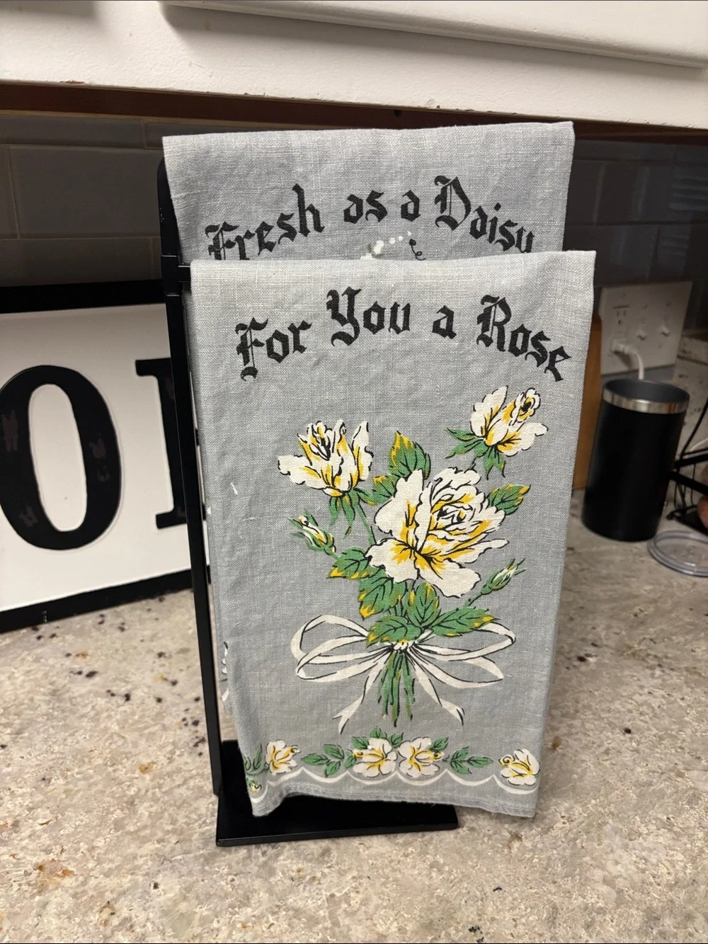Vintage linen kitchen towels grey floral set